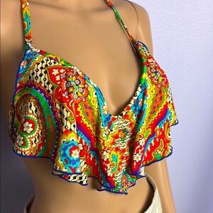 Luli Fama Halter Bathing Suit Cascade Push Up Underwire Waterfall Ruffle Tier